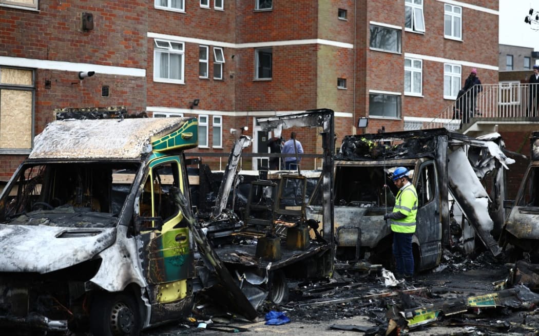 Burnt out ambulances at the scene of an antisemitic arson attack in the Golders Green neighbourhood of north London, on 24 March, 2026, an incident where volunteer ambulances run by a Jewish organisation were set on fire the previous night.