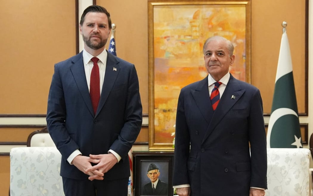 Pakistan's Prime Minister Shehbaz Sharif (right) with US Vice President JD Vance during their meeting amid the US-Iran peace talks in Islamabad on 11 April, 2026.