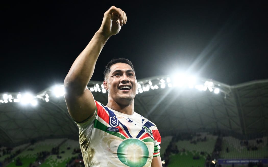 Roger Tuivasa-Sheck of the Warriors celebrates following the NRL Round 6 match between the Melbourne Storm and the New Zealand Warriors at AAMI Park in Melbourne.