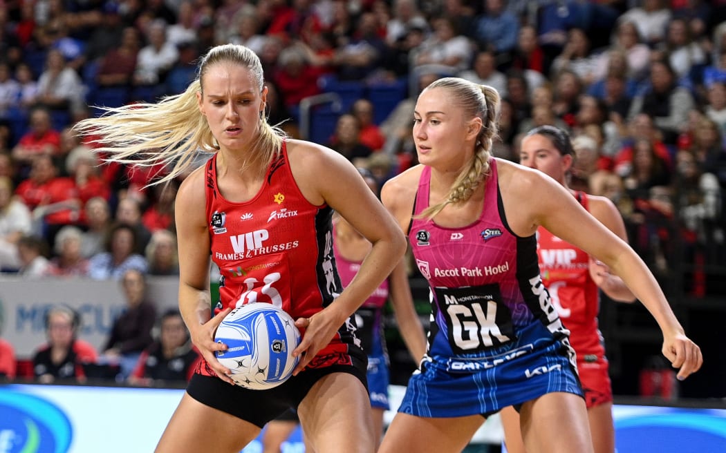 Charlie Bell of the Tactix with Carys Stythe of the Steel during the ANZ Premiership netball match, Tactix Vs Southern Steel, at Wolfbrook Arena, Christchurch, New Zealand, 11th April 2026. Copyright photo: John Davidson / www.photosport.nz