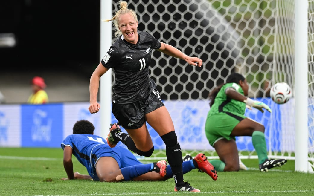 Kelli Brown of New Zealand celebrates her goal.