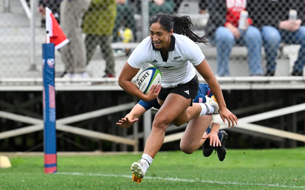 Mererangi Paul scores a try for the Black Ferns against the United States in their World Rugby Pacific Four series in Sacramento, 12 April, 2026. Photo: Luke Pearson / Photosport