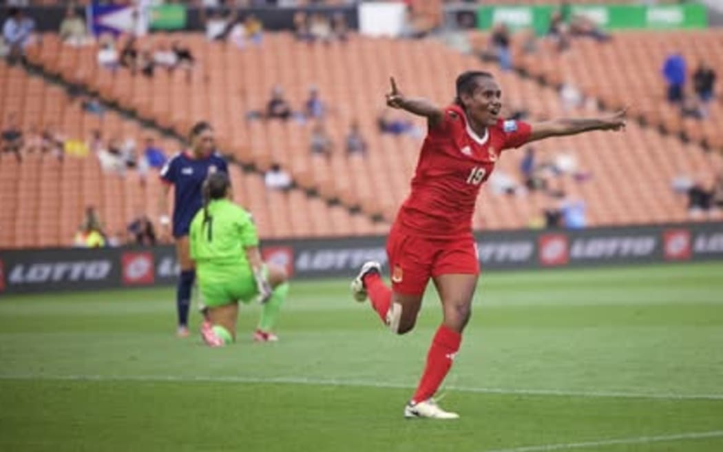 PNG goalscorer Keren Kalapai celebrates her goal against American Samoa in Hamilton on Saturday afternoon. PNG won this match 1-0.