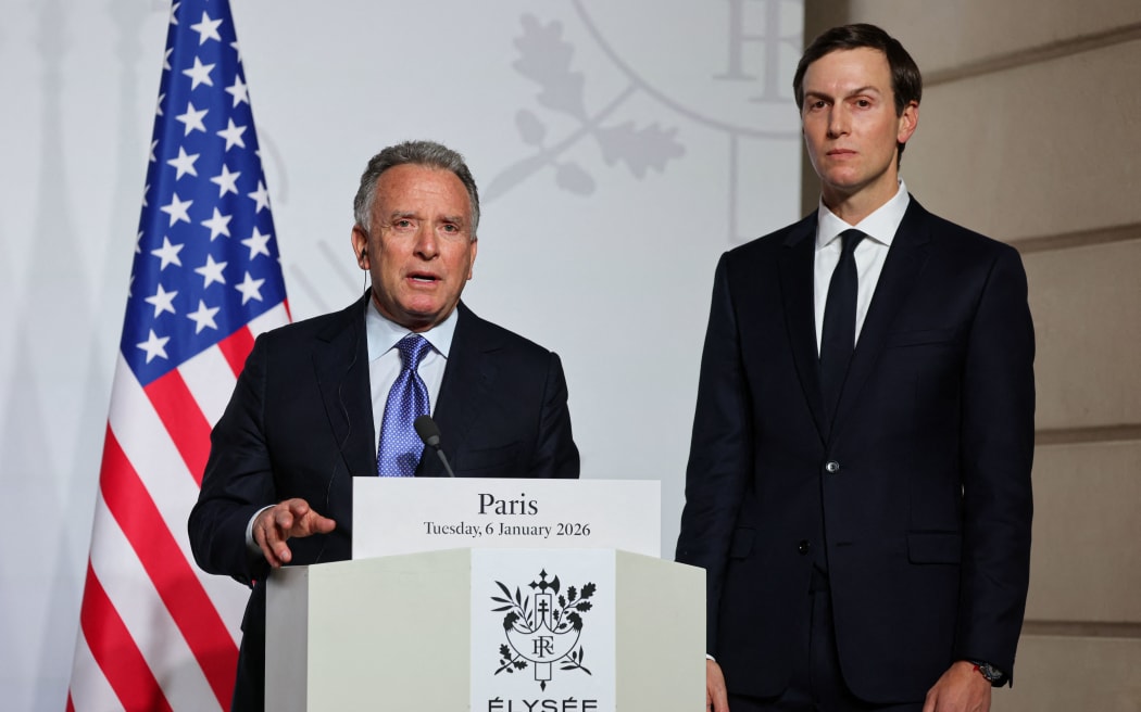 US Special Envoy Steve Witkoff (L) delivers a press conference with Jared Kushner at the Elysee Palace in Paris on January 6.