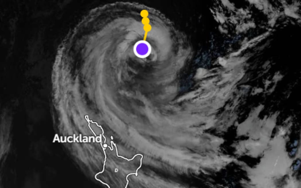 Satellite imagery and the projected track of Cyclone Vaianu as it closes in on New Zealand.