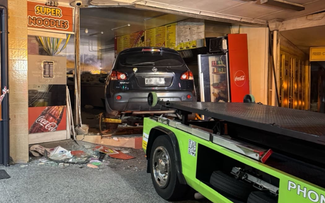 A car drove into Ming Xing Fast Food in Glendene, west Auckland just before 10pm, Thursday, 9 April 2026.