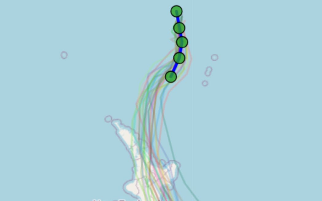A tracker showing the current path of Cyclone Vaianu and the different paths it could take over the North Island of New Zealand.