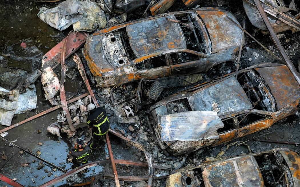 Firefighters attempt to extinguish a fire following an Israeli strike at the Corniche al-Mazraa neighbourhood of Beirut on April 8, 2026. Around 2:00 pm (1100 GMT), a series of Israeli strikes slammed into the Lebanese capital without warning, triggering scenes of panic. Israeli strikes on Lebanon on April 8, the heaviest since the war began in early March, left 