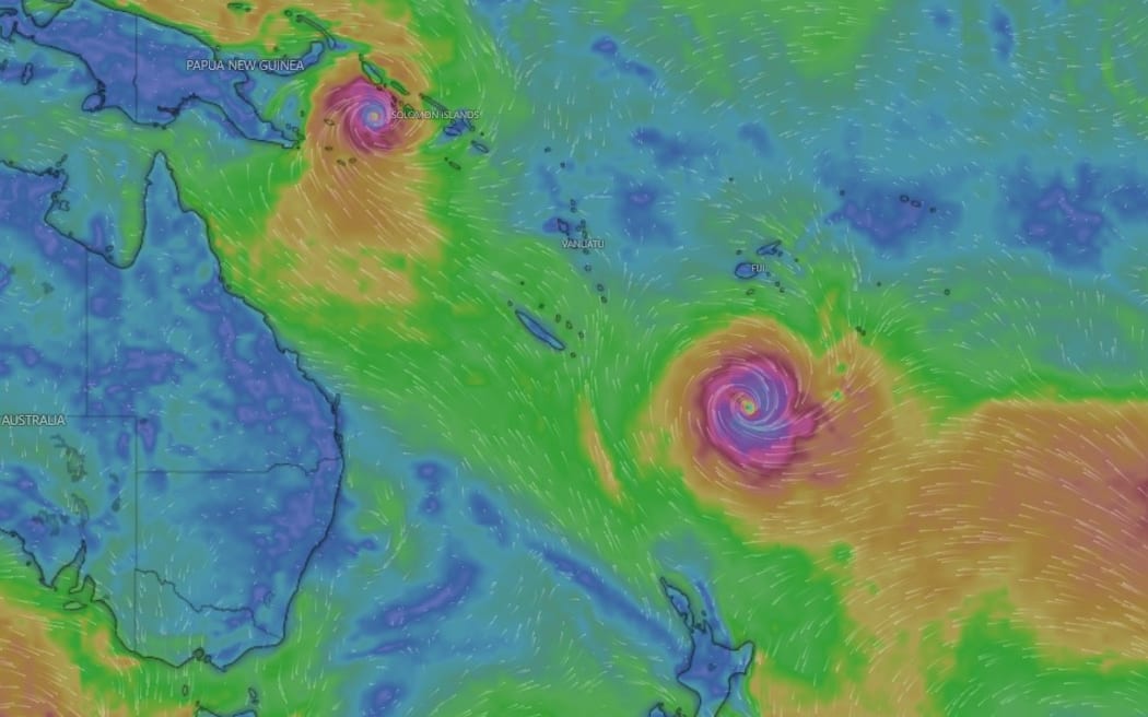 Tropical cyclone Maila, left, was a category 4 storm on Thursday morning, and cyclone Vaianu a category 2.