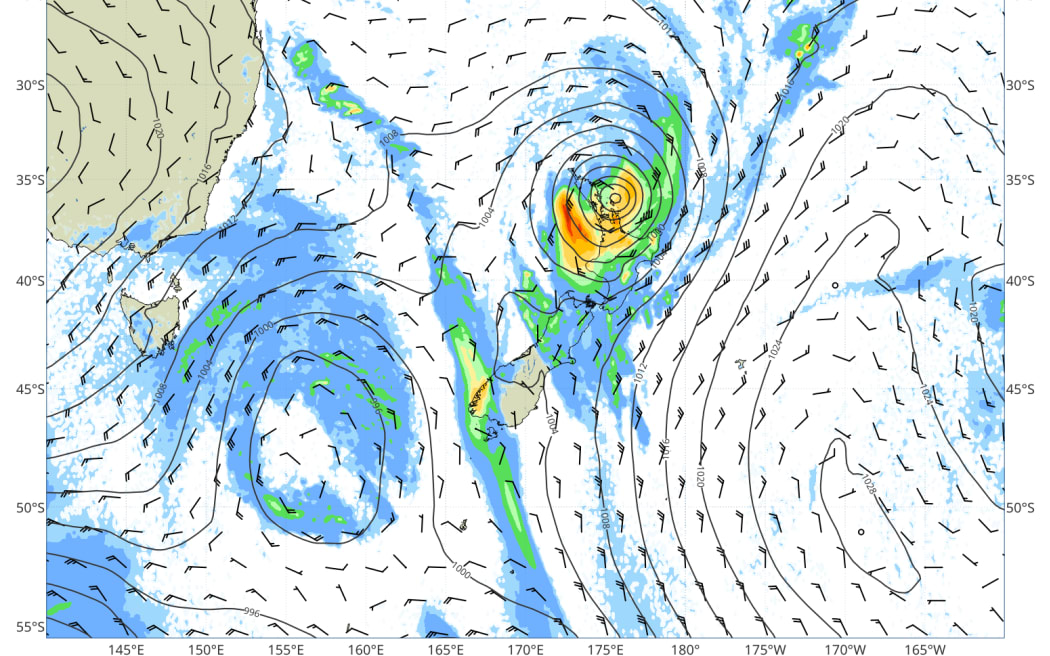 MetService forecast for 12:00PM Sun 12 Apr 2026 shwos the entire North Island impacted by a weather system.