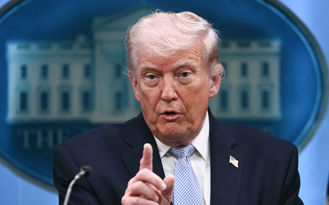 US President Donald Trump speaks about the conflict in Iran in the James S. Brady Press Briefing Room of the White House on April 6, 2026, in Washington, DC.