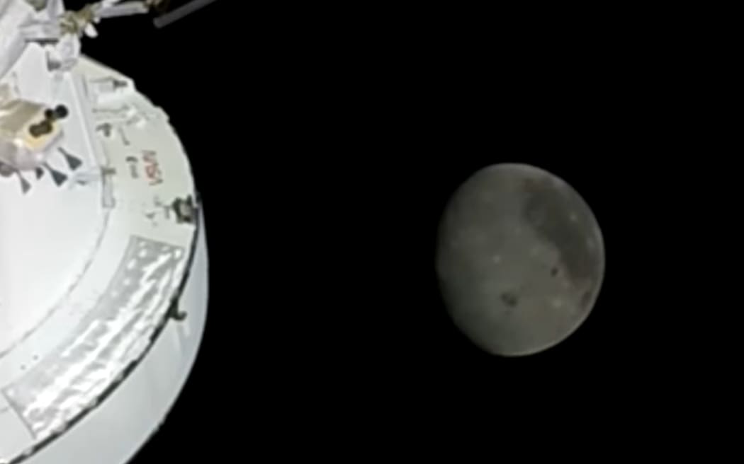 Artemis 2 approaches the moon.