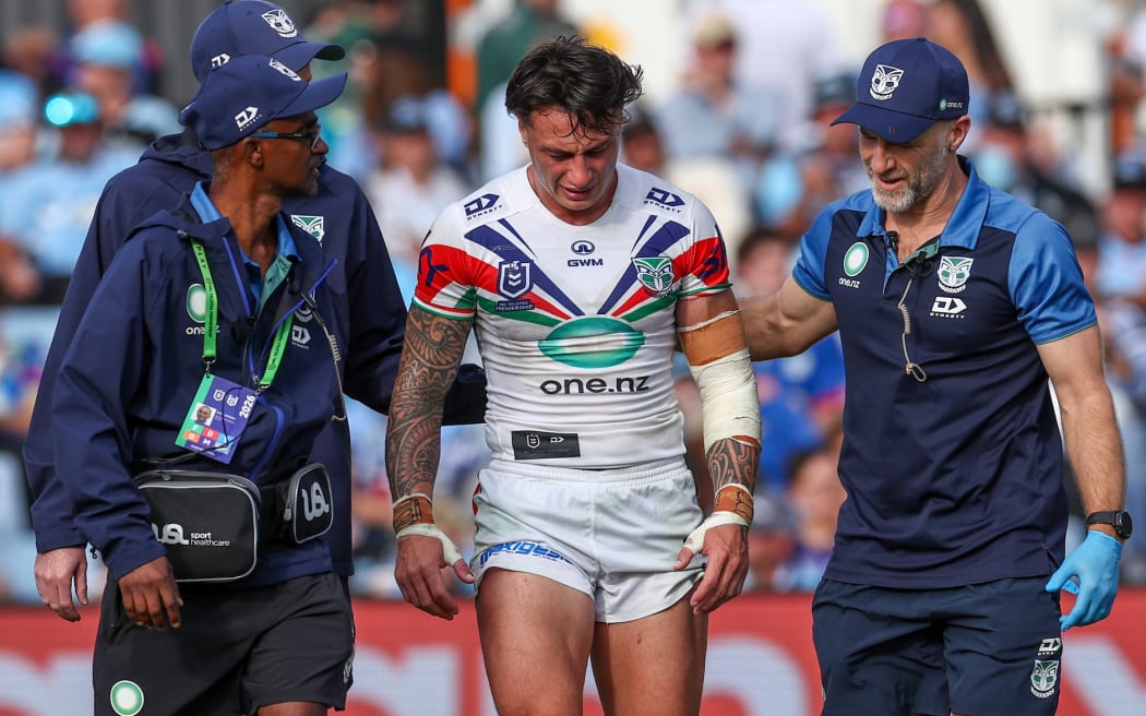 Charnze Nicoll-Klokstad of the Warriors sustained injury and walked off the field during the match between Cronulla-Sutherland Sharks v One NZ Warriors.