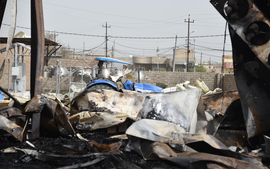 This picture taken on April 4, 2026 shows the aftermath of an airstrike that targeted a potato warehouses belonging to Iraqi farmers in the Sharikhan area, west of Mosul. Iraq, long a proxy battleground between the United States and Iran, was quickly dragged into the Middle East war triggered by US and Israeli strikes on Iran on February 28. (Photo by Zaid AL-OBEIDI / AFP)