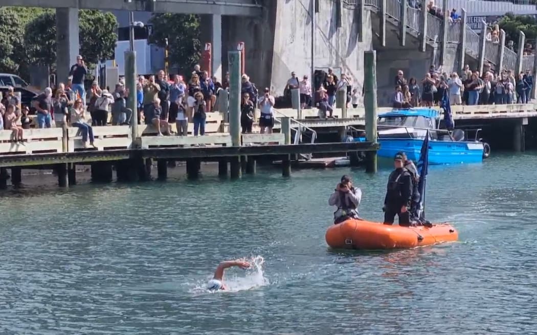 Ultra-marathon swimmer Jono Ridler, arriving in Wellington on 4 April, 2026, after swimming almost 1400km on the east coast of the North Island from North Cape to campaign against bottom-trawling fishing.
