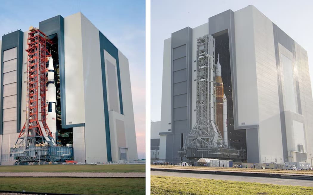 The Vehicle Assembly Building has barely changed since the Saturn V rocket for Apollo 14 (left) to Artemis I. (Supplied: NASA/Aubrey Gemignani)