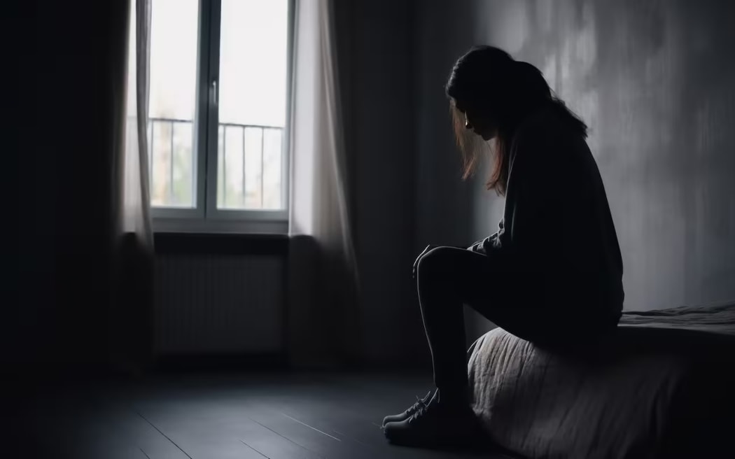 A woman sits on a bed in a dark room.