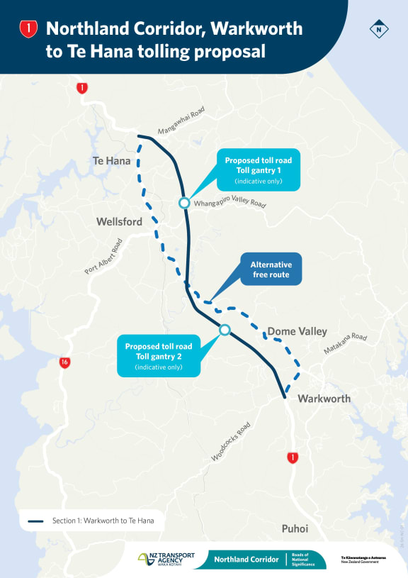 A map showing the planned route of the Warkworth to Te Hana section of the Northland Corridor, with the location of the two electronic toll gates.