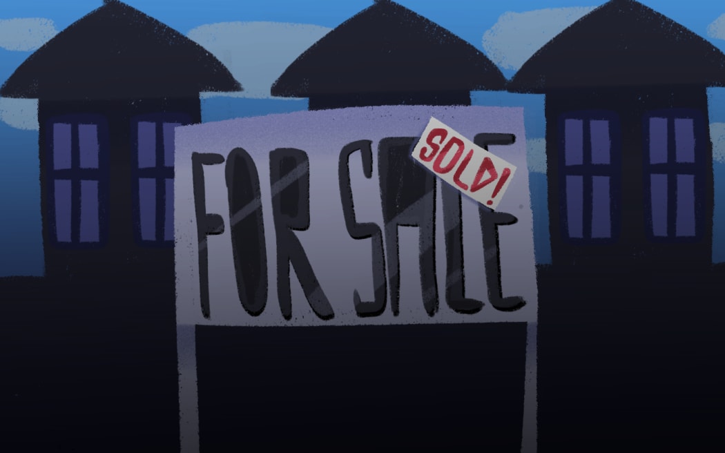 Illustration a for sale sign with a sold sticker on it, houses in the foreground