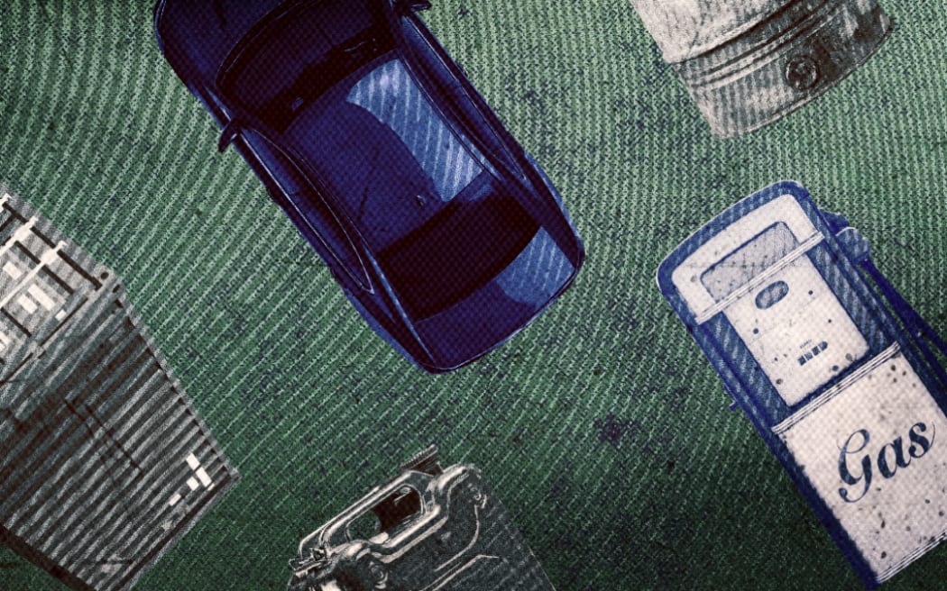 Generic imagery of gas and fuel alongside transport vehicles, composite graphic