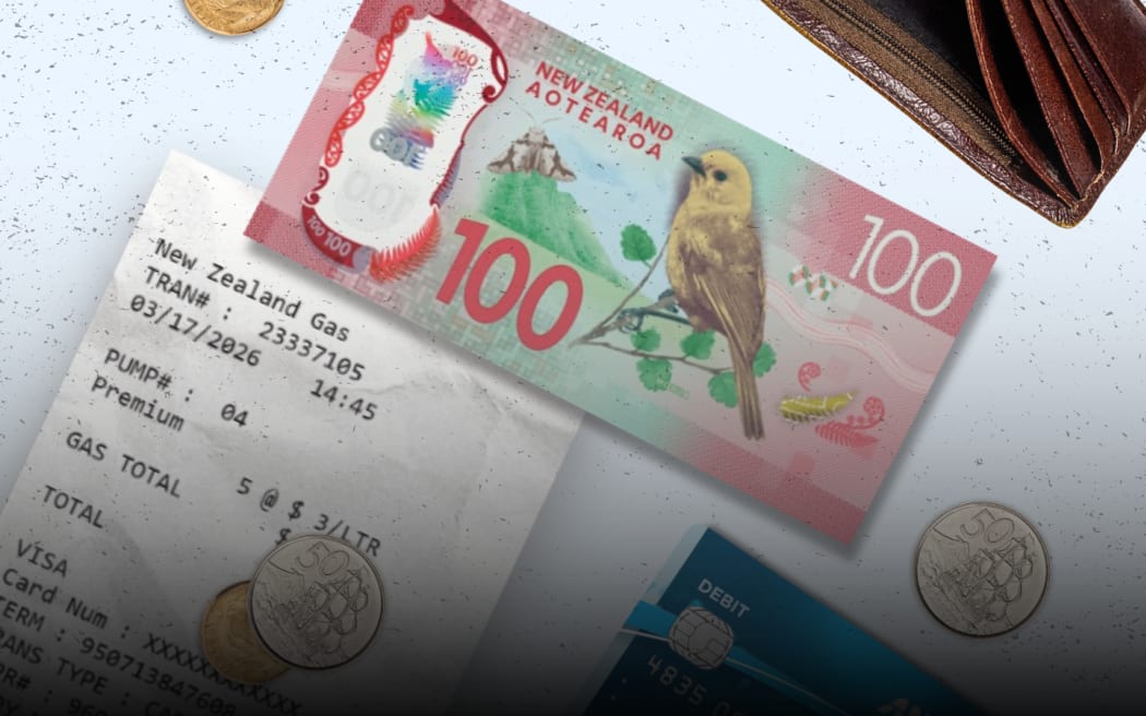 Composite graphic of gas station receipt and loose change and wallet