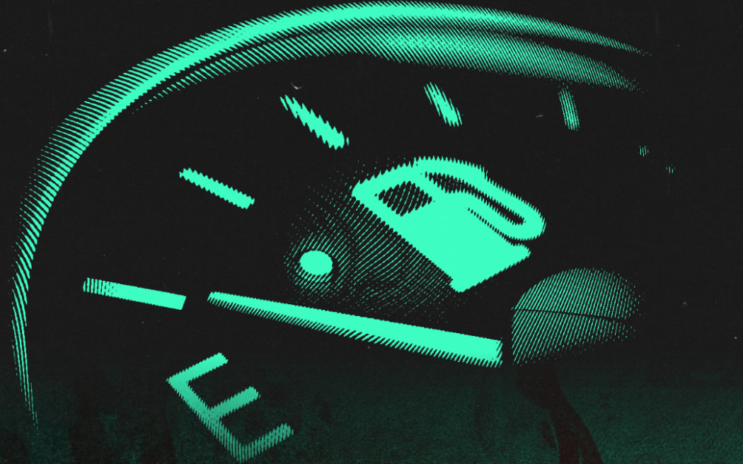 Graphic of empty gas tank with New Zealand currency in the background