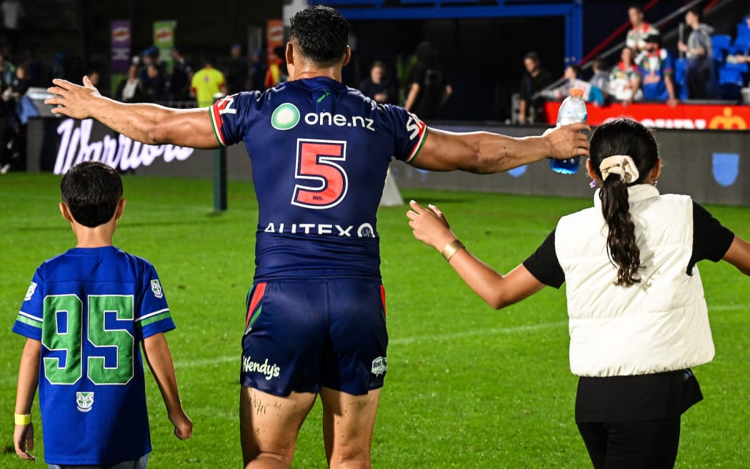 Roger Tuivasa-Sheck of the Warriors and family after the match win, NZ Warriors v Canberra Raiders, round 2 of the NRL Telstra Premiership at Go Media Stadium.
