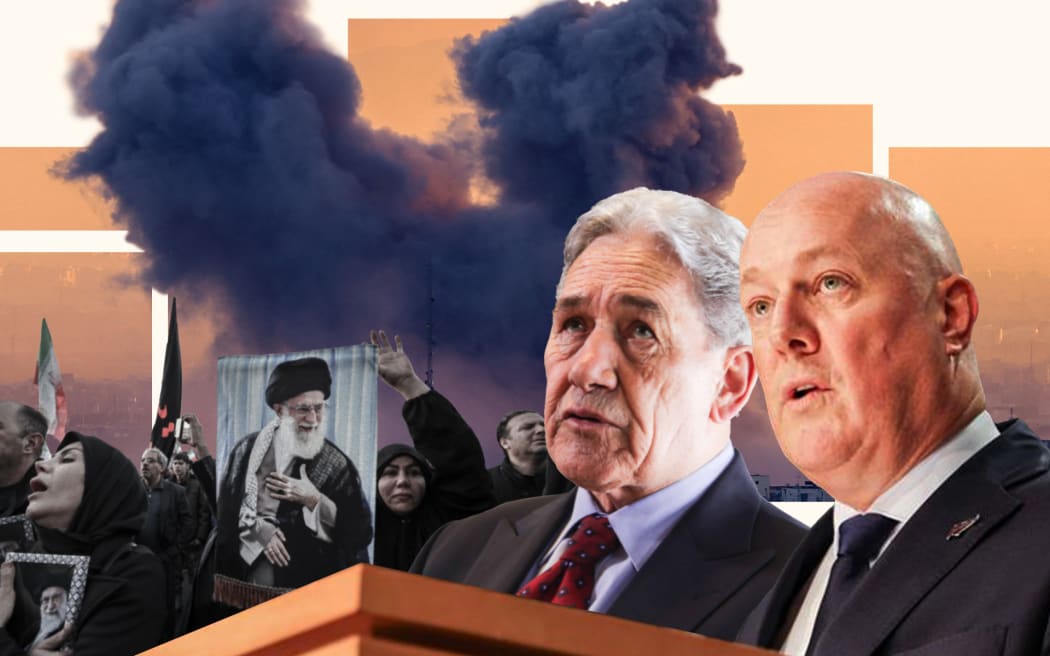 Composite of Christopher Luxon, Winston Peters, crowd of mourners and bomb blast.