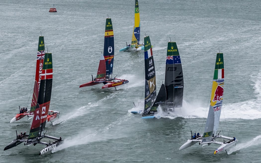 Black Foils SailGP Team helmed by Peter Burling and DS Automobiles SailGP Team France helmed by Quentin Delapierre collide during Race 3, on Race Day 1 of the ITM New Zealand Sail Grand Prix in Auckland, New Zealand. Saturday 14 February 2026. Rolex SailGP Championship Event 2 2026 Season. Photo: Simon Bruty for SailGP. Handout image supplied by SailGP