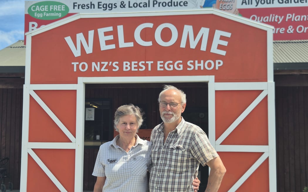 Rhonda and Harry Bennik outside their farm shop off State Highway 1 near Levin.