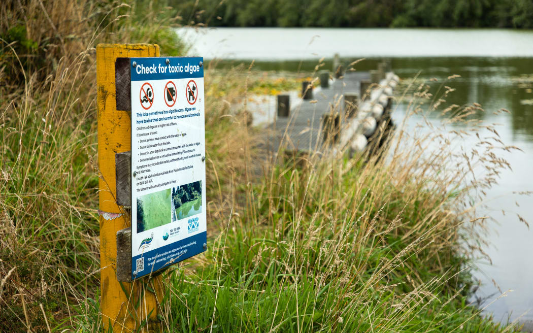 A sign warning to check for toxic algae at Lake Ohakuri.