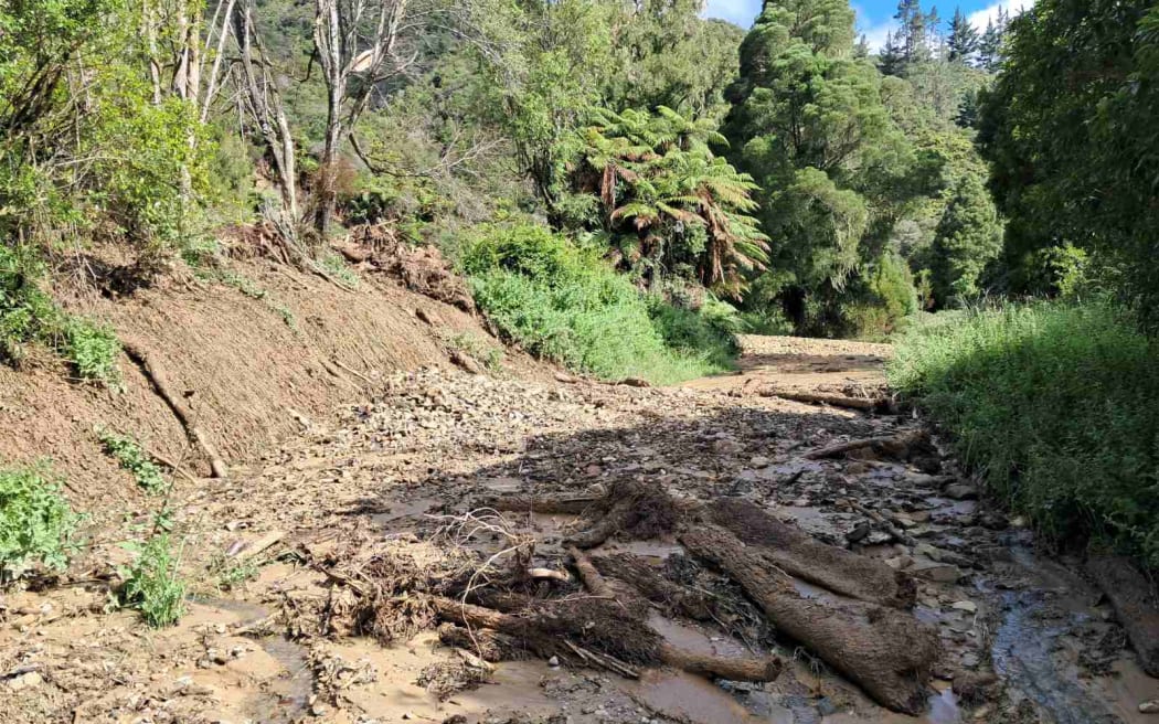 Damage in the Wairata Valley following torrential rain on 16 January that brought down slips on SH2, closing the Waioweka Gorge.