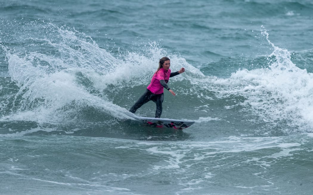 Alani Morse during the 2026 New Zealand National Surfing Championships in Gisborne.