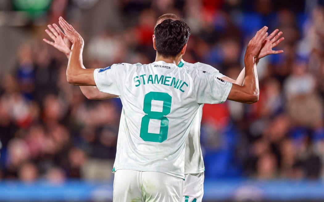 New Zealand's Marko Stamenic celebrates his goal. 2024.