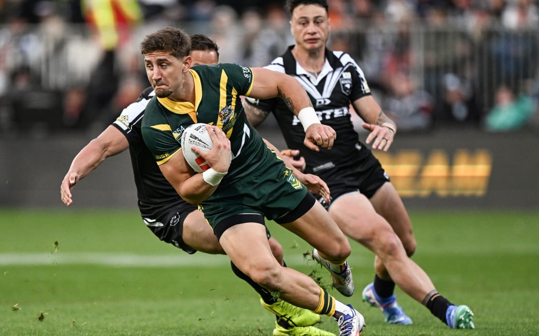 Zac Lomax playing rugby league for Australia in 2024.