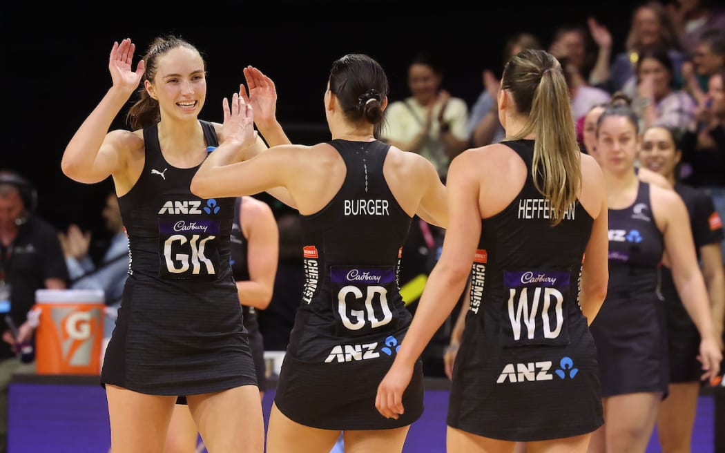 Silver Ferns Kelly Jackson with team mates Karin Burger and Kate Heffernan celebrate their win during the Constellation Cup.