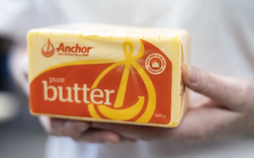 Fonterra's Anchor brand butter, showing the label claiming it is '100 percent New Zealand grass-fed'.
