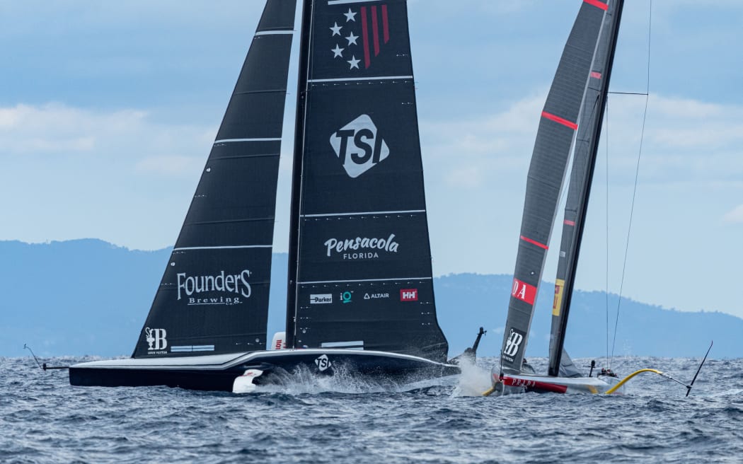 American Magic, centre, competing against Luna Rossa in the Louis Vuitton Cup semi-finals in Barcelona, 2024. 
© 37 America’s Cup. Free for editorial use only. No archive. Mandatory credit. Images are not transferable without permission.