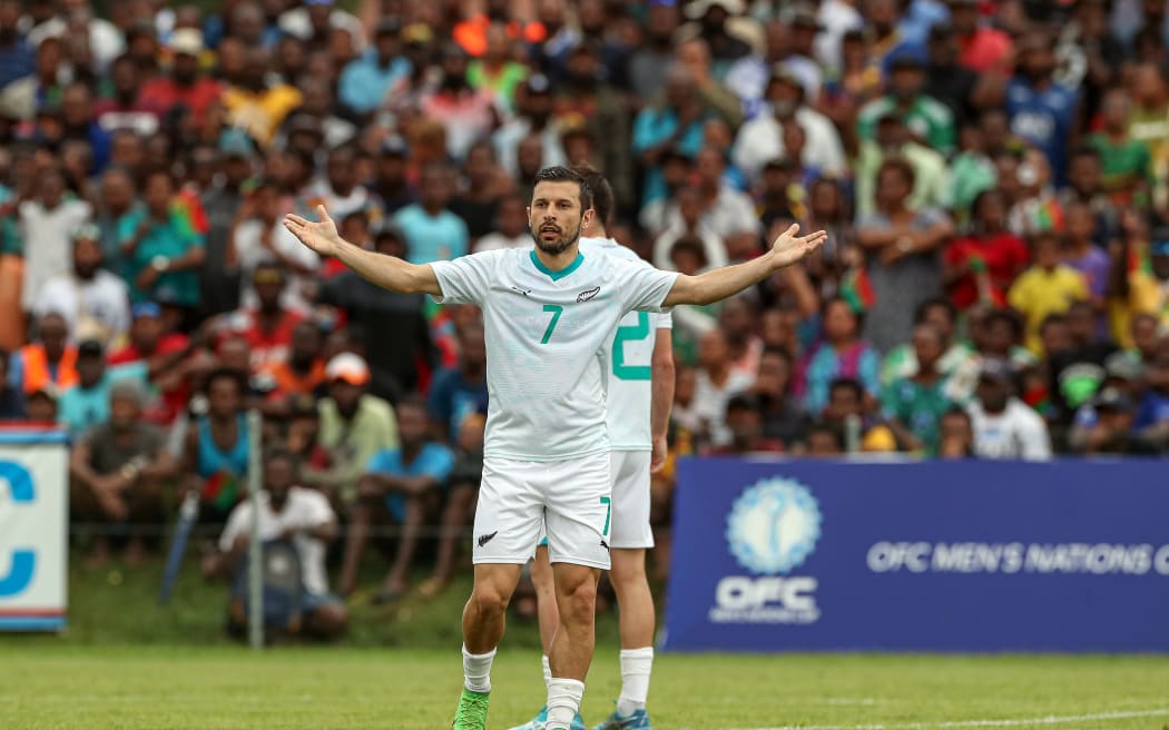 New Zealand's Kosta Barbarouses celebrates as his goal is called offside.