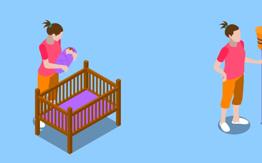 Isometric icons set with housewife during home cleaning, cooking, child care on blue background isolated vector illustration