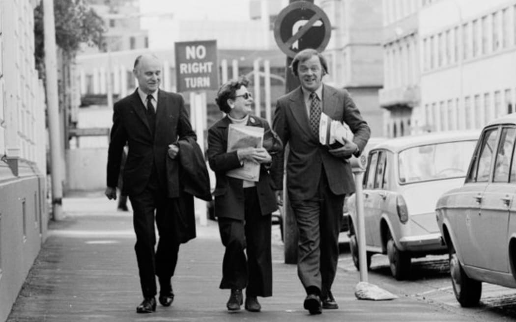Bill Sutch (left) arriving at Wellington Magistrate's Court with wife Shirley Smith and lawyer  Mike Bungay in October 1974.