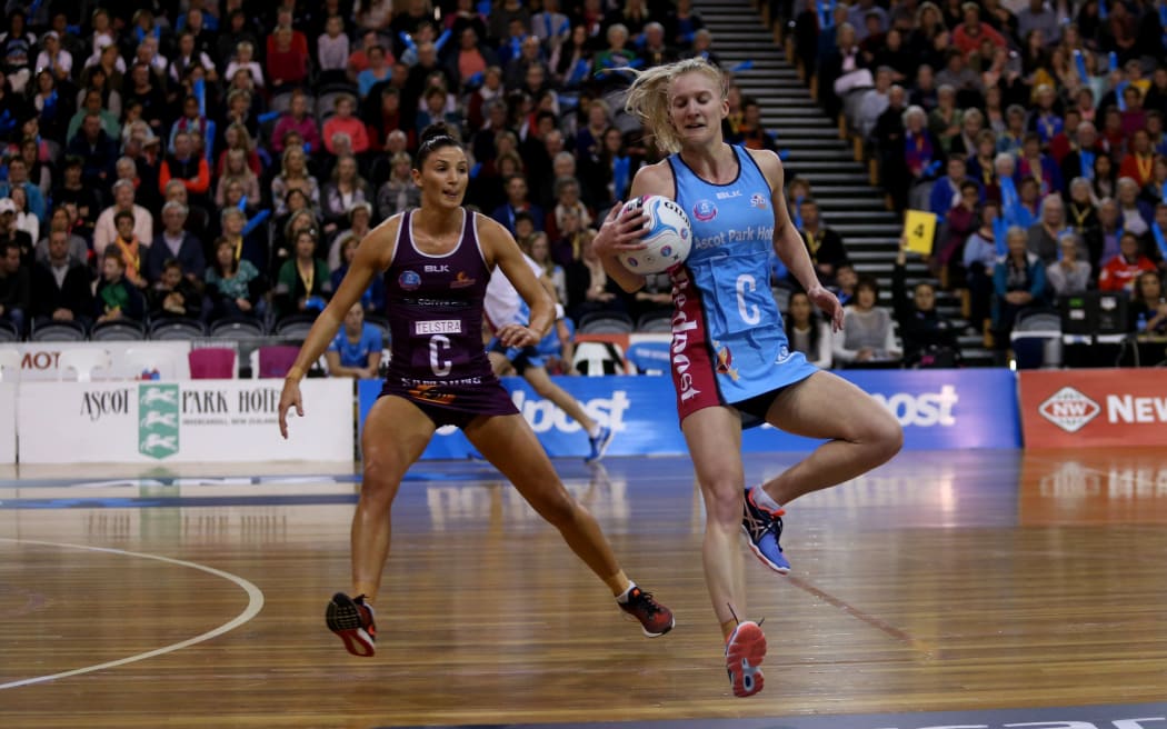 Shannon Francois of the Steel gets the ball ahead of Kim Ravaillion of the Firebirds in an earlier ANZ match in Dunedin.