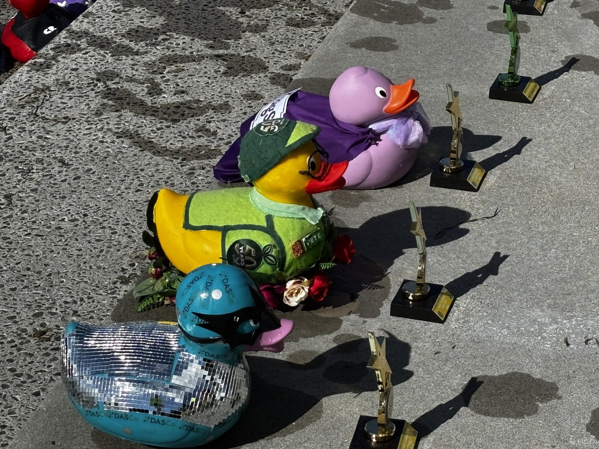  The non-powered corporate duck race was won by the purple Big Save Furniture duck, with Palmers Garden Centre second (middle duck) and DAS Co third (blue duck). Photo/ Supplied.