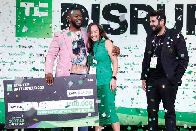 Kevin A. Damoa, Founder & CEO, Glīd, Claire Kroft and Ankit Malhotra, winners of the Startup Battlefield 2025, pose onstage during day three of TechCrunch Disrupt 2025 at Moscone Center on October 29, 2025 in San Francisco, California.