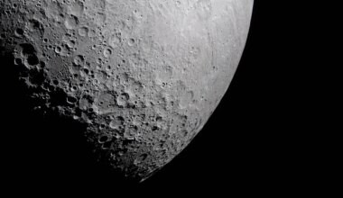 Part of the Moon stands out against the blackness of space. Its surface is marked with many craters of different sizes. The craters are mostly on the left and bottom. The upper right portion of the Moon's surface is much smoother.