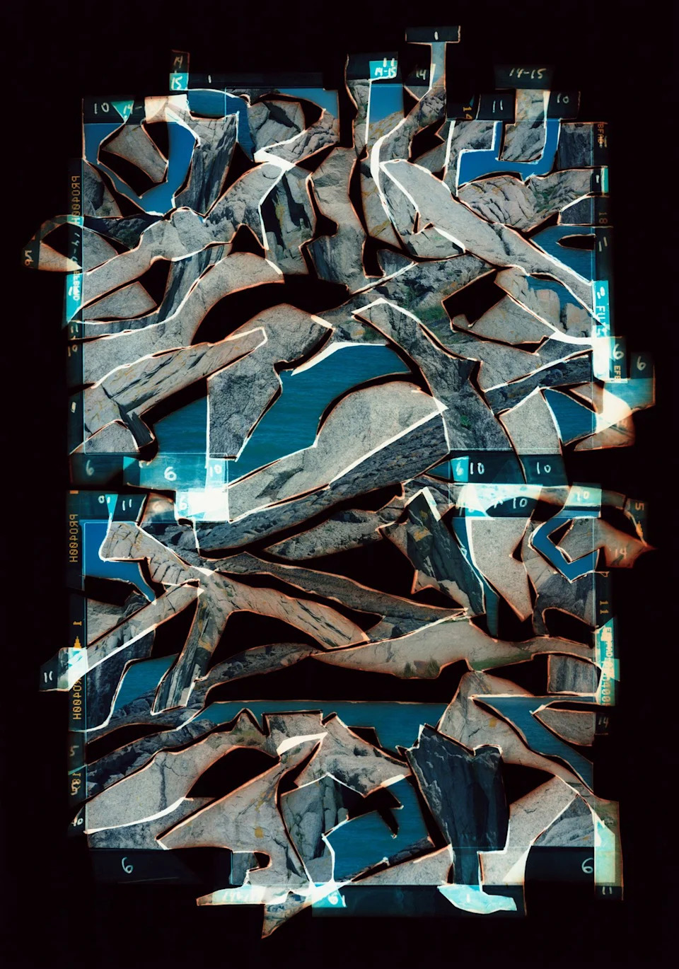 Abstract collage of overlapping broken concrete pieces with visible film negatives, set against a black background.
