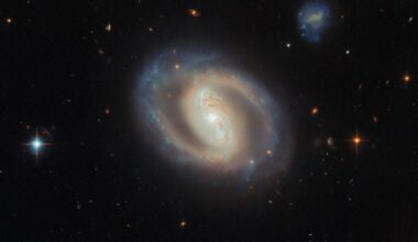 barred spiral galaxy glowing with a bright core, surrounded by dusty rings and scattered stars in deep space.