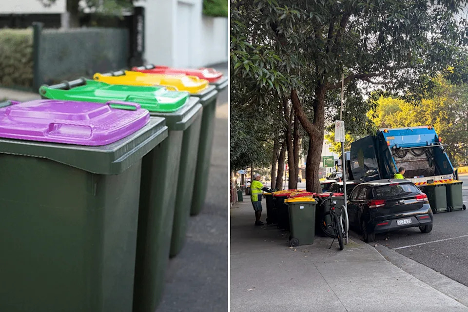 Left: Purple, green, yellow and red bins. Right: Garbage truck collects waste.