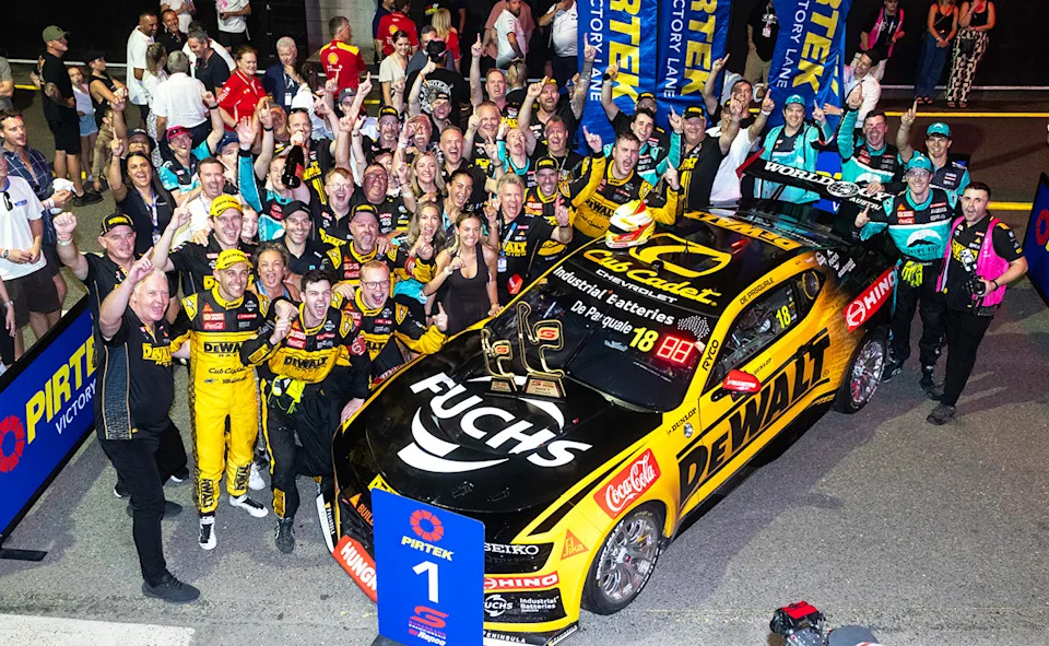 Anton De Pasquale with his team after winning for Chevrolet in Sydney.