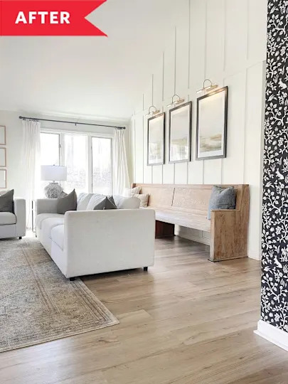 After: Church pew on back wall of living area